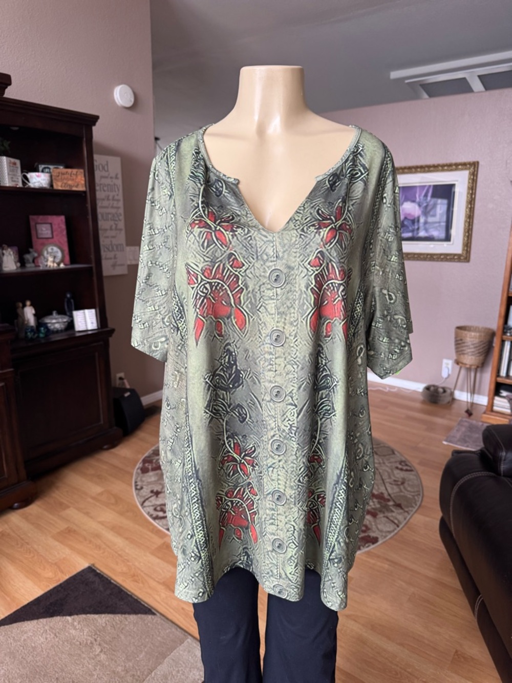 SHEIN Curve olive green floral short sleeve Vneck tunic-size 2XL